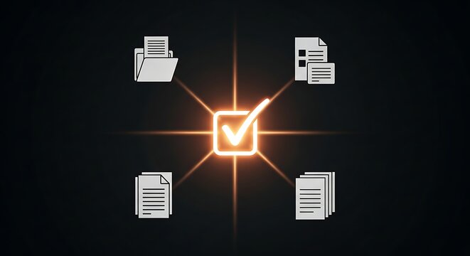 Glowing digital checkmark icon for document verification, validated file management system, approved data processing and storage workflow