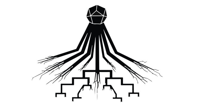Virus structure is shown with geometric roots extending into a complex network below.