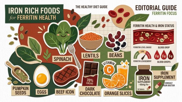 Iron Rich Foods for Ferritin Health Infographic: Nutrition Guide featuring Spinach, Beef, Lentils, Beans, and Health Supplements. Vector illustration