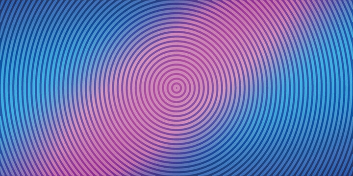 Latar belakang abstrak lingkaran konsentris hipnotis dengan gradasi warna biru dan merah muda neon. Efek visual terowongan retro futuristik.