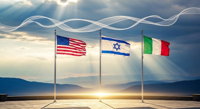 Flags of USA Israel and Italy on flagpoles at sunset  international relations and cooperation