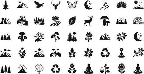 Obraz premium Black silhouettes of nature and eco-friendly including animals, plants, and recycling symbols