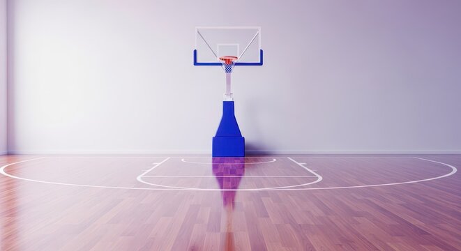 A pristine indoor basketball court featuring a highly polished wooden floor, bright white boundary lines, and a sturdy basket hoop setup, wooden, arena, detail