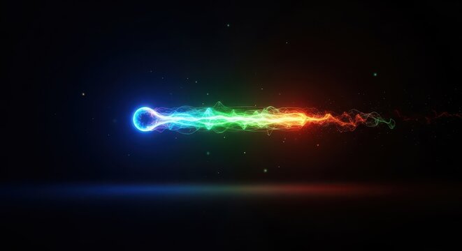 Abstract visualization of a single, glowing subatomic particle moving rapidly through a dark space, representing ionizing energy or nuclear decay, medical, nuclear, power