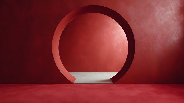 A modern studio setting featuring a deeply textured maroon backdrop with a minimalist circular display niche and contrasting white floor