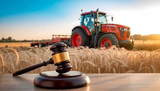 Agricultural law concept gavel resting before golden wheat field with farm tractors at sunset
