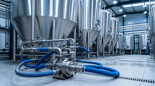 Modern craft brewery interior with fermentation tanks | Stainless steel industrial brewing equipment | Automated beer production facility | Large scale beverage manufacturing plant