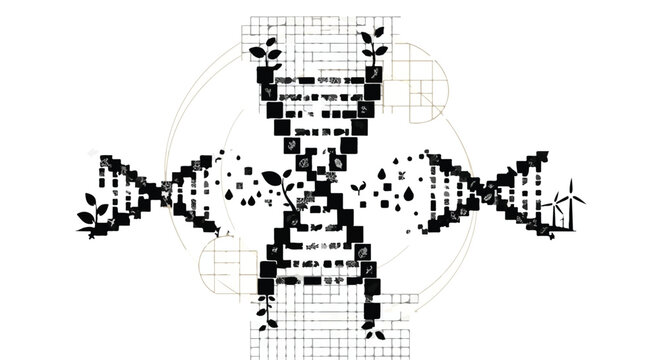 DNA strands integrate with natural elements to symbolize sustainable genetics.