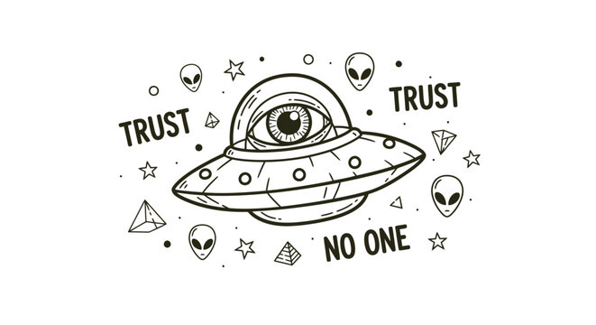 An illustration of a UFO with an eye surrounded by symbols and the words 'TRUST NO ONE' in a paranormal graphic design.