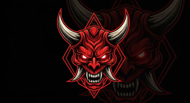 Red devil head with horns and sharp teeth.