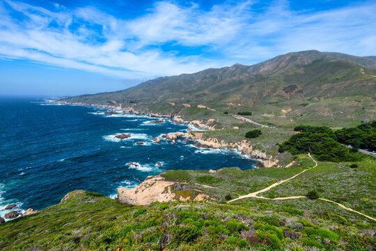 Panoramic Big Sur coastline at Garrapata State Park, California, rugged Pacific shore with waves, coastal cliffs and hiking trails, scenic Highway 1 landscape