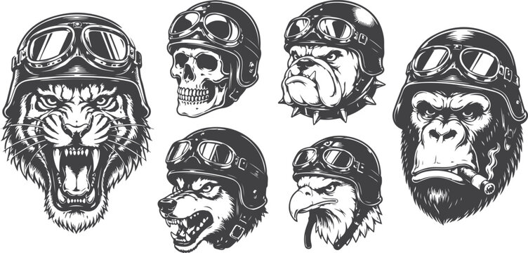 Vintage Biker Animal Mascot Vector Collection Black White Retro Illustration