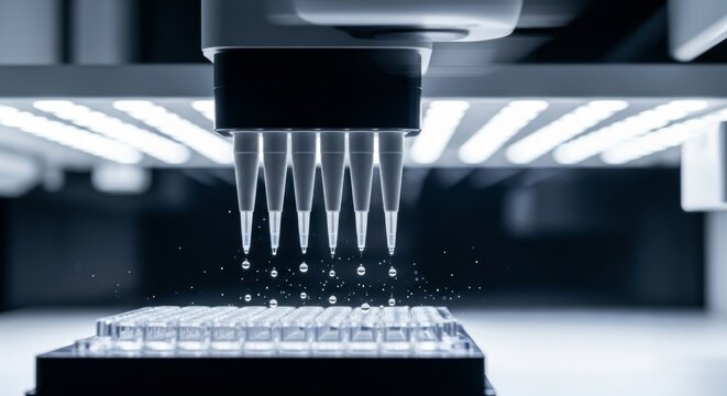 Automated Pipette System Dispensing Liquid in Laboratory