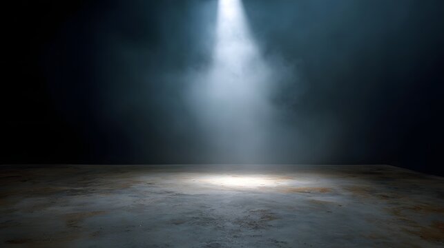 A dramatic spotlight cuts through dense atmospheric haze highlighting a textured muted surface below