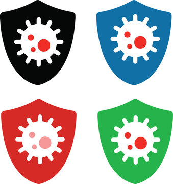 Illustrazione vettoriale di scudo con simbolo di virus/cellula, rappresentazione di protezione sanitaria, difesa immunitaria e sicurezza biologica. Ideale per medicina, salute e prevenzione.