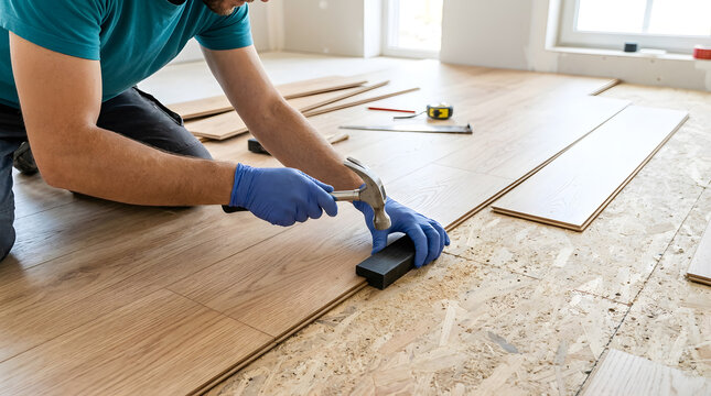 Professional contractor installing laminate flooring | Home renovation wood floor installation process | Handyman laying engineered hardwood planks | DIY flooring project with hammer and tapping block