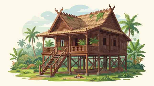 Flat vector illustration of a traditional Bugis wooden house with tropical scenery and detailed Indonesian architecture.