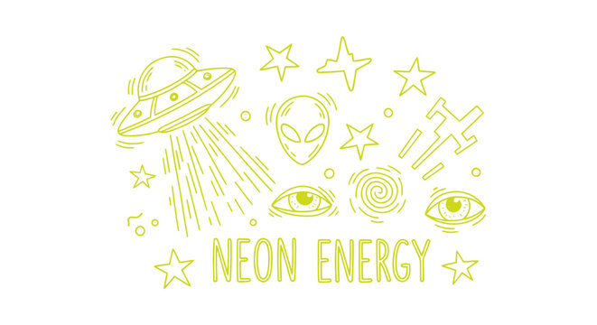 UFOs emit beams towards alien faces with eyes among stars and planets