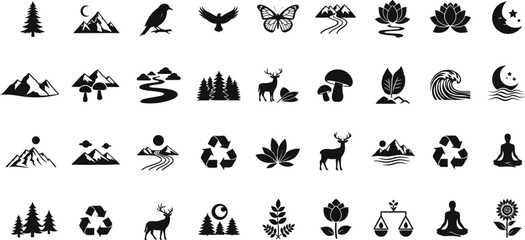 Fototapeta premium Eco-friendly black silhouettes on white background, nature symbols environmental conservation