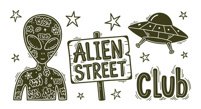 An alien with tattoos stands beside a street sign and a flying saucer near a club.