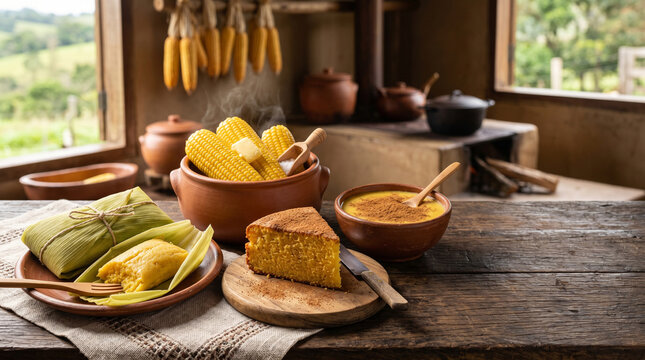 A rustic display of delicious food, featuring golden corn dishes arranged on a wooden table. A slice of cornbread, steaming corn, corn, and a wrapped food, create a tempting meal setting. 
