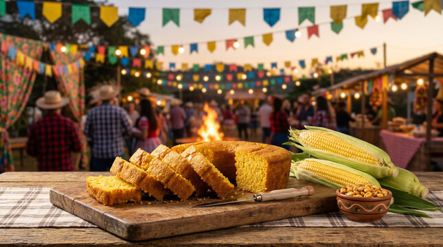 A festive gathering with food, decorations, and people celebrating at an outdoor festival. The focus is on a delicious cornbread cake
