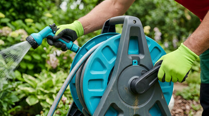 Naklejka premium gardener using a garden hose reel to water plants | watering backyard flowers with a spray nozzle | professional garden maintenance tools and equipment | manual garden hose reel in a lush backyard