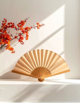 Mockup de abanico espa&ntilde;ol sobre fondo neutro, iluminaci&oacute;n suave, estilo minimalista, espacio en blanco para dise&ntilde;o personalizado
