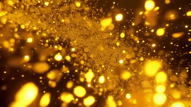 Golden bokeh holiday lights glow through a blurred design of water drops on the glass for a bright Christmas celebration sparkle with shiny yellow and orange glitter art