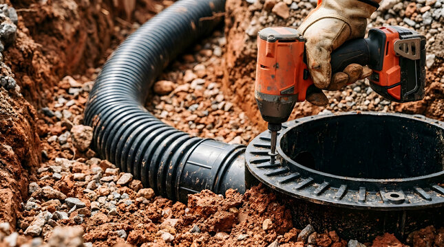 Gloved hand using cordless impact driver on drainage basin | Installing residential yard drainage system in trench | Professional construction worker installing corrugated drain pipe