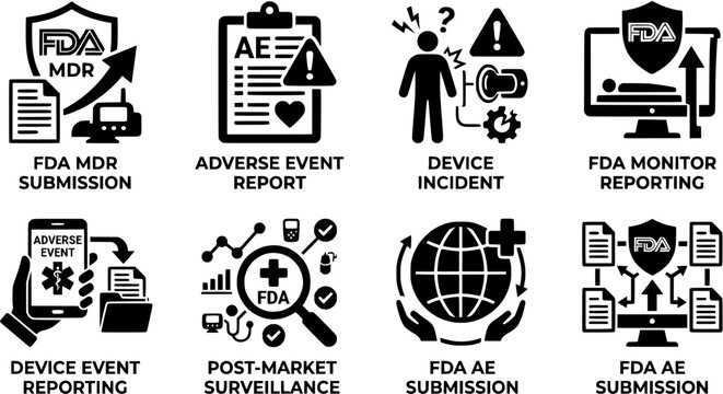Medical Device Reporting MDR Icon FDA Adverse Event Submission Black Vector icons