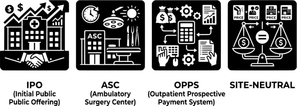 Medical Facility & Payment Models 4 Vector Set IPO ASC OPPS Site-Neutral Icons vector black