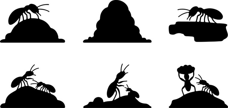 Ant Colony Silhouette Set Showing Ants on Soil Mounds in Various Poses for Nature Designs