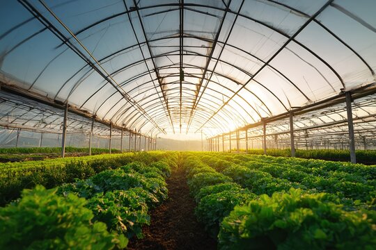 Large industrial greenhouse with rows of green lettuce in sunlight &mdash; concept of modern agriculture and food production