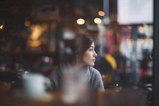 Thoughtful young woman sitting in cafe with cup of coffee looking into distance &mdash; atmospheric portrait with bokeh