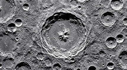 Fototapeta premium Detailed overhead view of lunar impact crater with complex central ridge and textured ejecta patterns across the moon surface in sharp black and white detail.