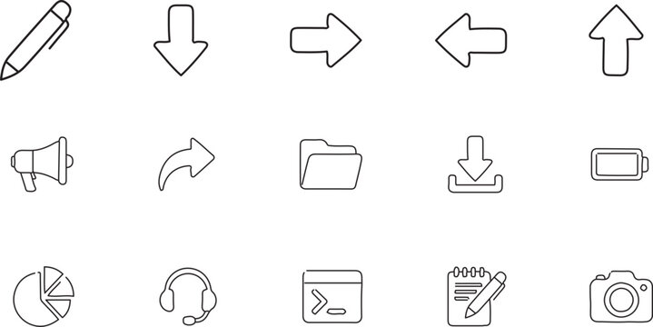 Universal UI and web interface line icon set with arrows, folder, and settings.