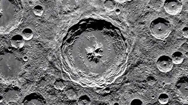 Detailed overhead view of lunar impact crater with complex central ridge and textured ejecta patterns across the moon surface in sharp black and white detail.