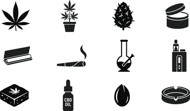 Cannabis leaf plant bud joint bong vape edible CBD oil seed ashtray rolling papers marijuana icons collection hemp medical weed -flat vector illustration
