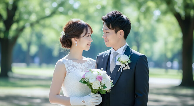 結婚式の前撮りをするカップル ブライダル・ウエディング