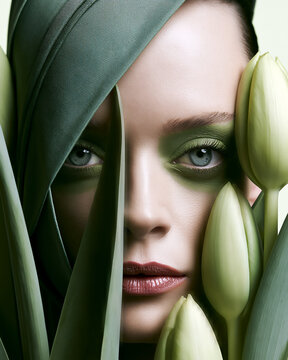 Woman face surrounded by tulips with bold green eye makeup, sustainable beauty concept