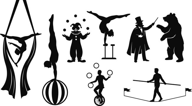 Circus performers acrobat clown juggler ringmaster bear unicycle tightrope walker show entertainment icon set silhouette design artwork -flat vector illustration
