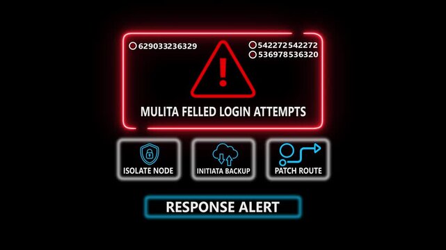 Mulita felled login attempts warning notification with isolate node initiate backup and career promotion icons on black background digital technology concept. 4k video