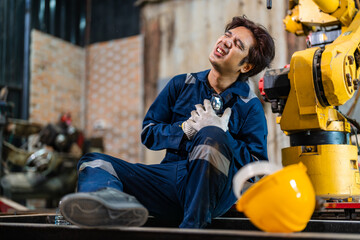 Man in blue work clothes sits on floor, holding chest, grimacing in pain. Yellow industrial robot stands nearby. Hard hat lies on ground beside him. Background shows workshop with tools and machinery © VStudio