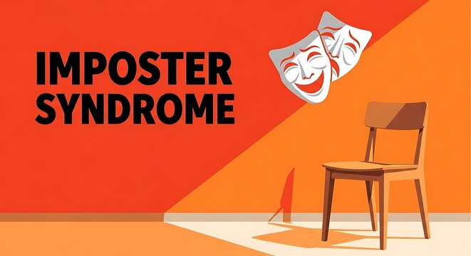 Imposter Syndrome concept illustration, psychological mental health theme with theater masks, orange room with empty chair and dramatic lighting