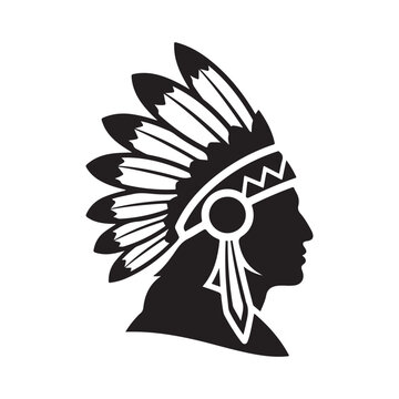Native American chief profile silhouette with feathered headdress. Visual for indigenous heritage, tribal leadership, and cultural identity