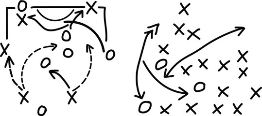 Hand drawn tactical sports strategy diagrams showing player movements and ball paths on a whiteboard used by coaches to explain game plans to their professional athletes. © Alstocker
