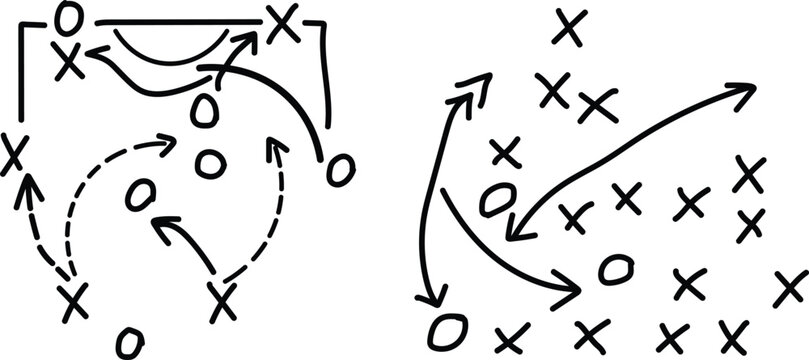 Hand drawn tactical sports strategy diagrams showing player movements and ball paths on a whiteboard used by coaches to explain game plans to their professional athletes.