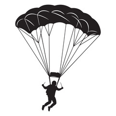 Black silhouette vector of a skydiver with an open parachute. Representing extreme sports, skydiving adventure, and the feeling of freedom and adrenaline © Zulfa