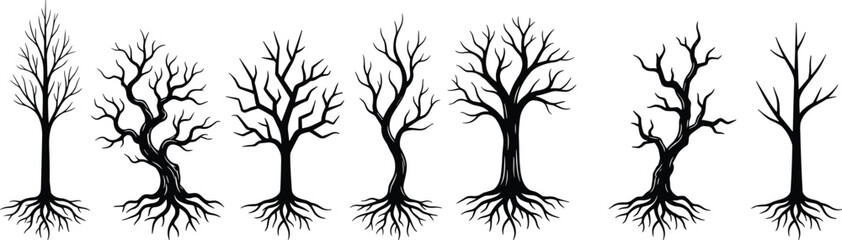 Fototapeta premium Leafless tree roots branches nature growth decay silhouette forest plant icon set design artwork -flat vector illustration
